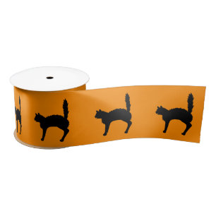 Scared Black Cat Silhouette Halloween Orange Satin Ribbon