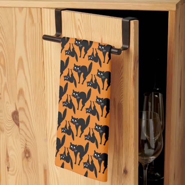 Scared Black Cats Halloween Tea Towel (Thirds Fold)
