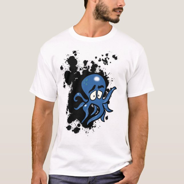 Scared Blue Cartoon Octopus T-Shirt (Front)
