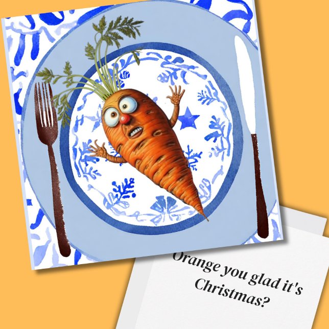 Scared Carrot Christmas Dinner setting Vegetables Holiday Card (Creator Uploaded)