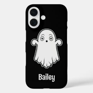 Scared Cartoon Ghost And Personalizable Name Black iPhone 16 Case