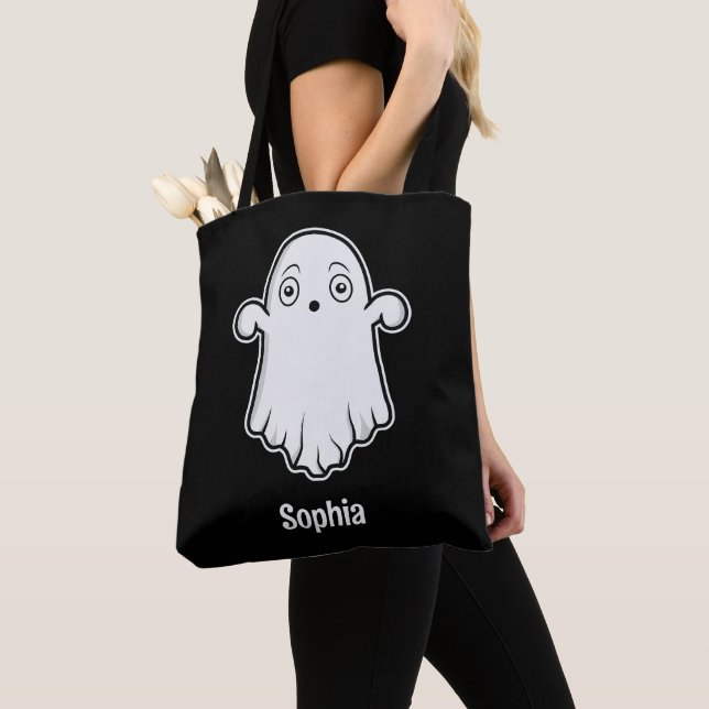 Scared Cartoon Ghost With Personalised Name Black Tote Bag (Close Up)