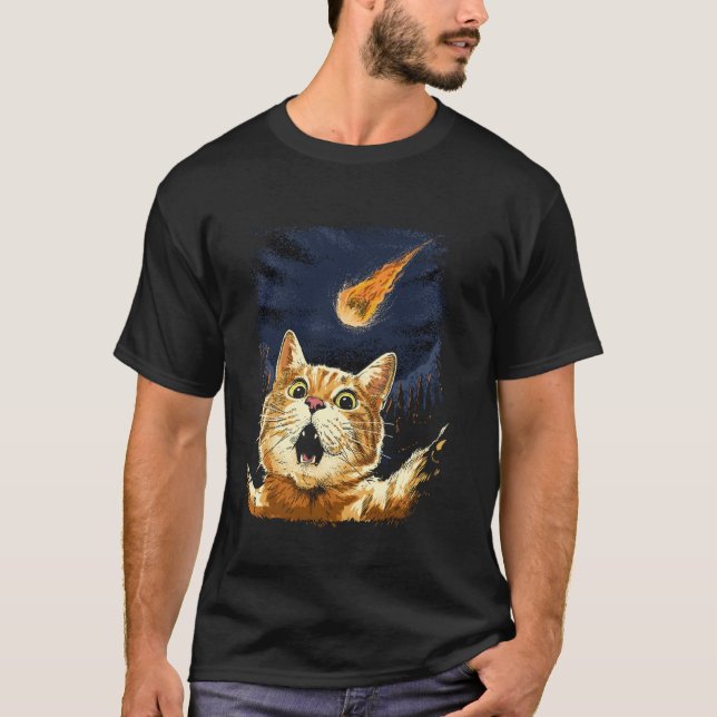 Scared Cat Selfie Cat Meteorite Asteroid Impact Da T-Shirt (Front)