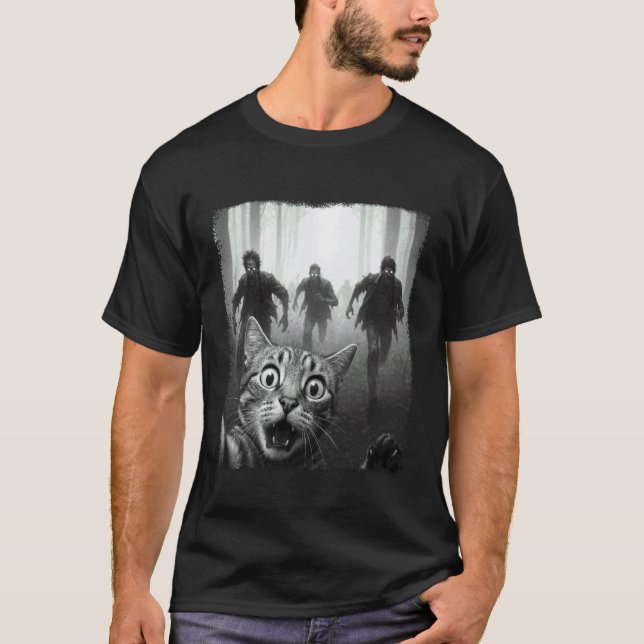 Scared Cat Selfie Zombie Apocalypse Funny Hallowee T-Shirt (Front)