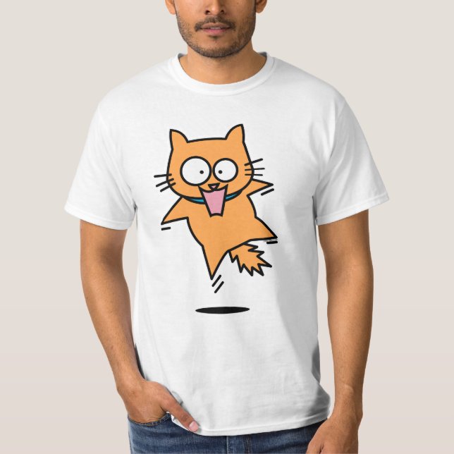 Scared cat tabby orange jump surprised nervous fun T-Shirt (Front)