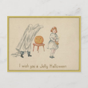 Scared Girl Ghost Costume Jack O Lantern Postcard
