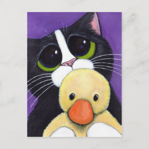 Scared Tuxedo Cat and Cuddly Duck Painting Postcard