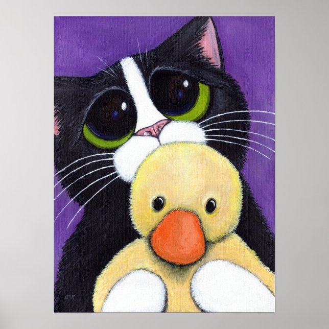 Scared Tuxedo Cat and Cuddly Duck Painting Poster (Front)