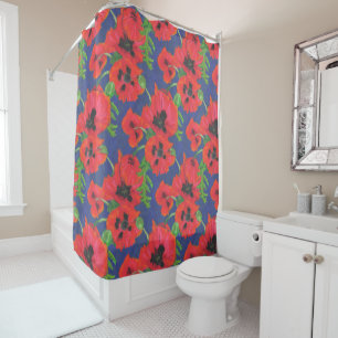 Scarlet and Black Oriental Poppies Pattern on Blue Shower Curtain