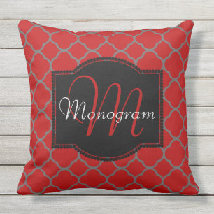 Scarlet and Grey Quatrefoil Design with Monogram Cushion