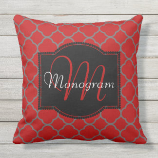Scarlet and Grey Quatrefoil Design with Monogram Cushion