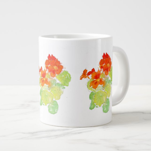 Scarlet and Orange Watercolour Nasturtiums Large Coffee Mug (Front Right)