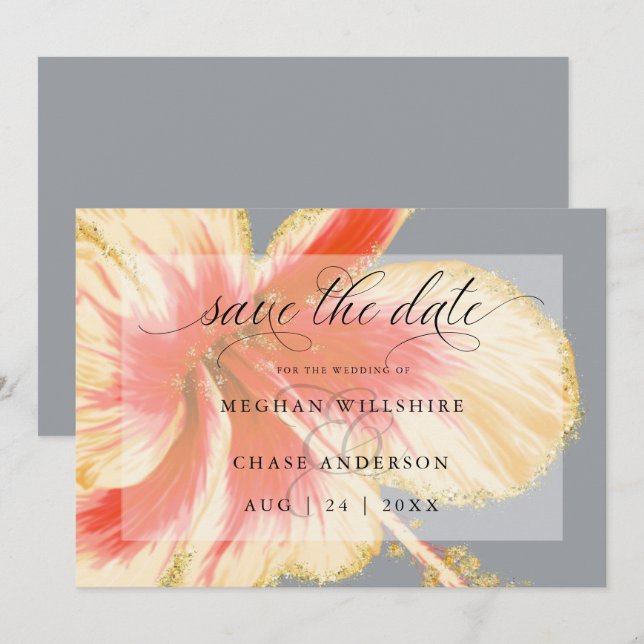 Scarlet and Yellow Tropical Flower Watercolor  Save The Date (Front/Back)