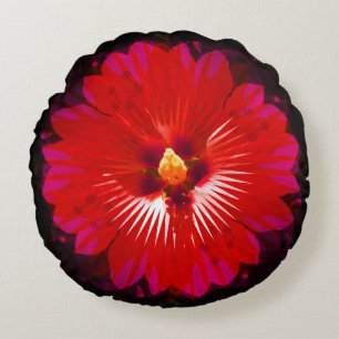 "Scarlet Bloom: Red Hibiscus Kaleidoscope" Round Cushion