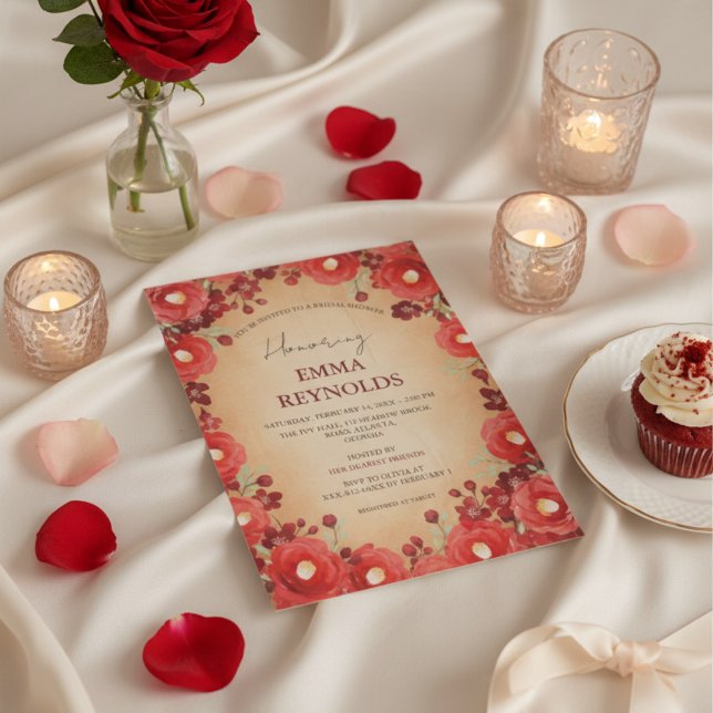 Scarlet Camellia Cherry Blossom Bridal Shower Invitation (Creator Uploaded)