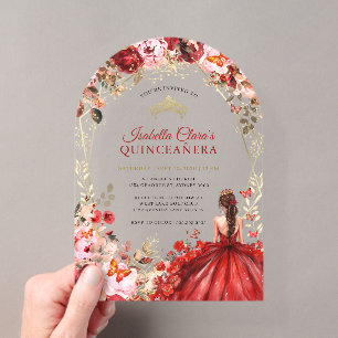 Scarlet Elegance Gold Enchanted Floral Quinceanera Acrylic Invitations