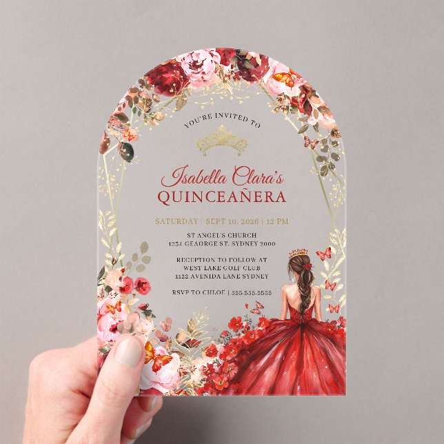 Scarlet Elegance Gold Enchanted Floral Quinceanera Acrylic Invitations (Insitu (Handheld))