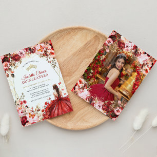 Scarlet Elegance Gold Enchanted Floral Quinceanera Invitation