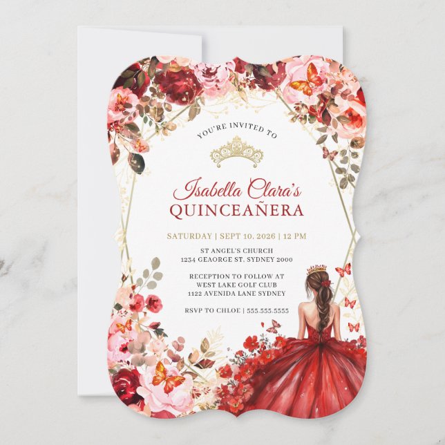 Scarlet Elegance Gold Enchanted Floral Quinceanera Invitation (Front)