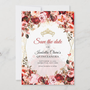 Scarlet Enchanted Floral Gold Princess Quinceanera Announcement