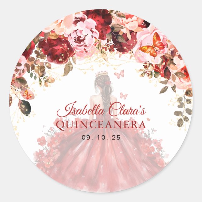 Scarlet Enchanted Floral Gold Princess Quinceanera Classic Round Sticker (Front)