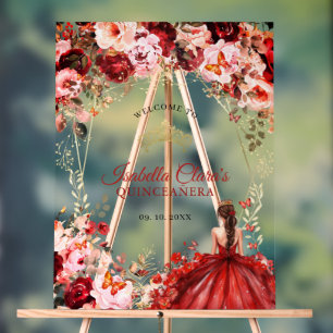 Scarlet Enchanted Floral Gold Quinceanera Welcome Acrylic Sign