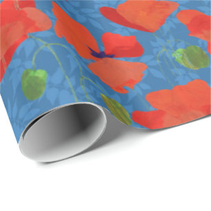 Scarlet Field Poppies on Leafy Blue Background Wrapping Paper