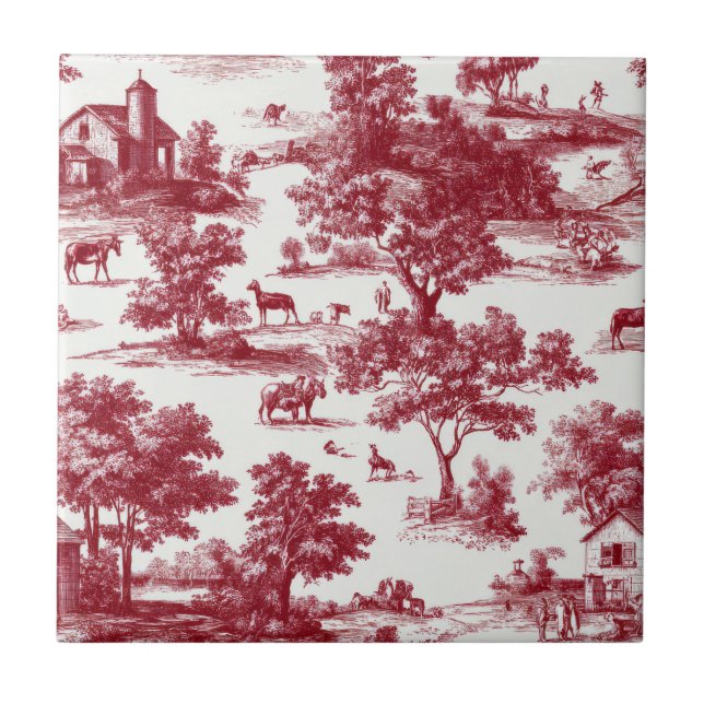 Scarlet French Country Toile Pattern Ceramic Tile (Front)