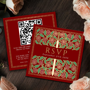 Scarlet Gold Floral Royal Wedding RSVP QR Code Enclosure Card