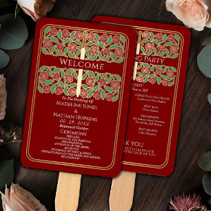 Scarlet Gold Floral Sword Royal Wedding Program Hand Fan