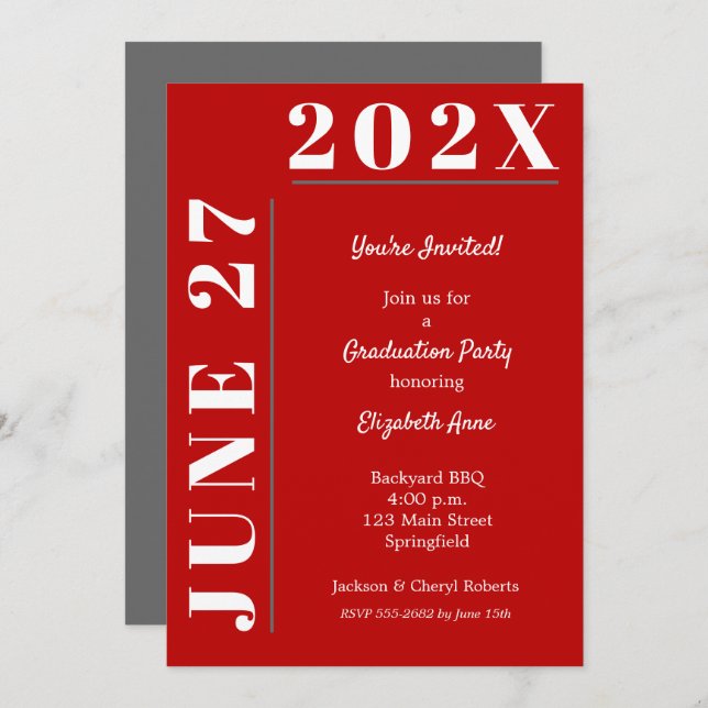 Scarlet Grey White Graduation Party Invitation (Front/Back)