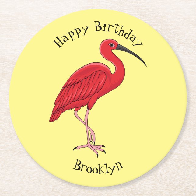 Scarlet ibis bird cartoon illustration  round paper coaster (Front)