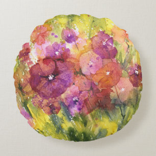 Scarlet Lilac: Vintage Garden Watercolor. Round Cushion