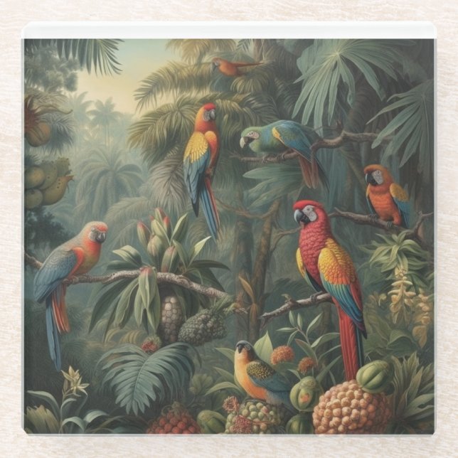 Scarlet Macaw Canopy and Gilded Pineapple Glass Coaster (Front)