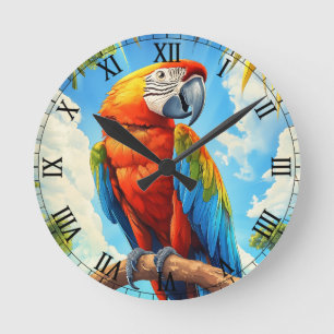 Scarlet Macaw in Jungle Round Clock