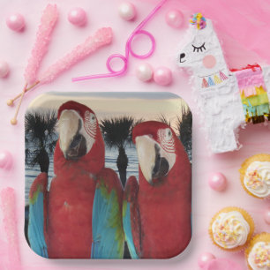 Scarlet Macaw Pair Tropical Party Illustration Paper Plate