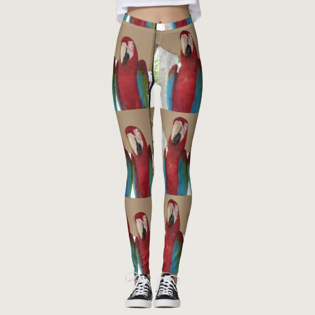 Scarlet Macaw Pair Tropical Tiled Pattern Leggings (Front)