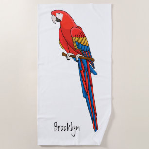Scarlet macaw parrot cartoon illustration beach towel