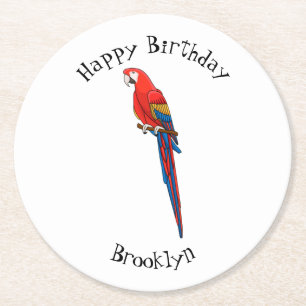 Scarlet macaw parrot cartoon illustration round paper coaster