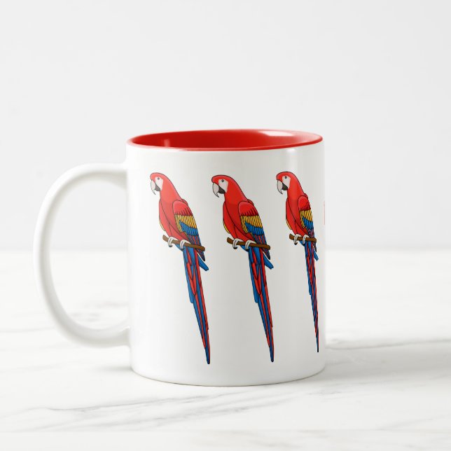 Scarlet macaw parrot cartoon illustration Two-Tone coffee mug (Left)