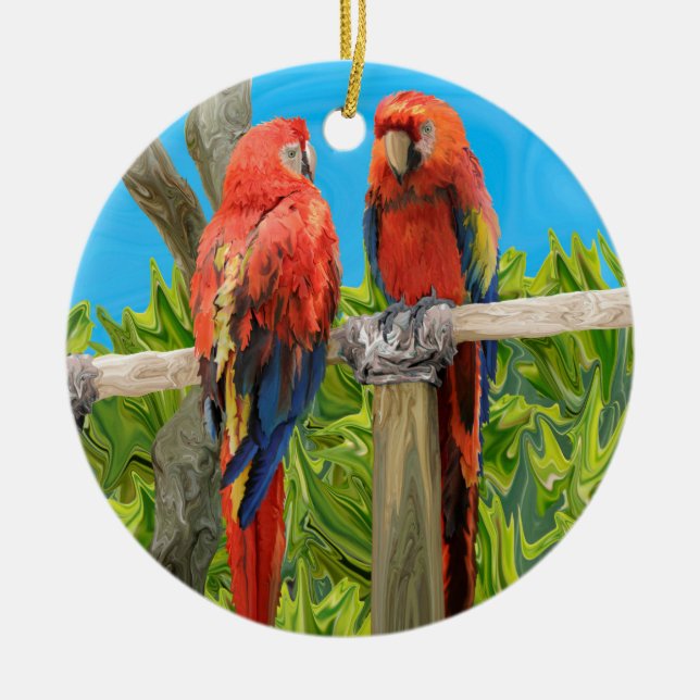 Scarlet Macaw Parrots Perching Ceramic Tree Decoration (Front)