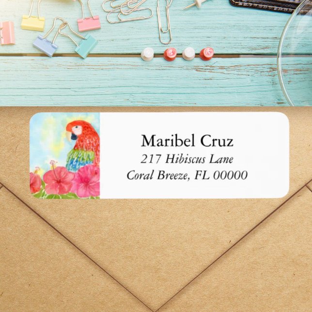 Scarlet Macaws and Pink Hibiscus Return Address Label (Creator Uploaded)