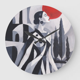 Scarlet Moon: Stylised Woman in Monochrome Landsca Large Clock