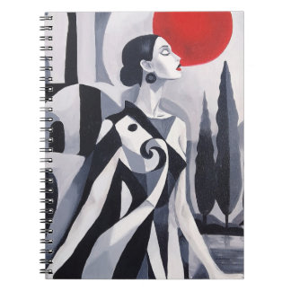 Scarlet Moon: Stylised Woman in Monochrome Landsca Notebook