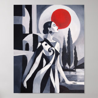 Scarlet Moon: Stylised Woman in Monochrome Landsca Poster