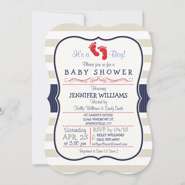Scarlet, Navy, Eggshell Stripes Baby Shower Invitation (Front)