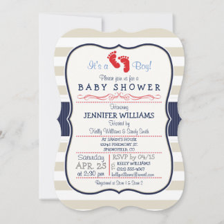 Scarlet, Navy, Eggshell Stripes Baby Shower Invitation