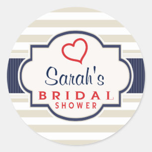 Scarlet, Navy, Eggshell Stripes Bridal Shower Classic Round Sticker