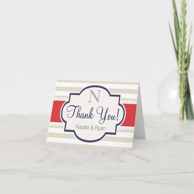 Scarlet, Navy, Eggshell Stripes Thank You Card (Front)