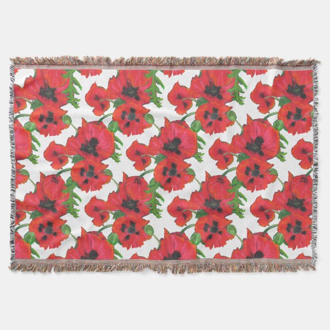 Scarlet Oriental Poppies on White Pattern Throw Blanket (Front)